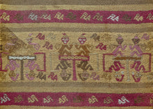 This Pre-Columbian textile panel dates from the Chimu period.  The central band features a repeat pattern of confronting figures upon a table or pedestal and surrounded by bird figures. The coloful palette includes pinks and purples derived from cochineal. Very finely woven and well-preserved textile panel.