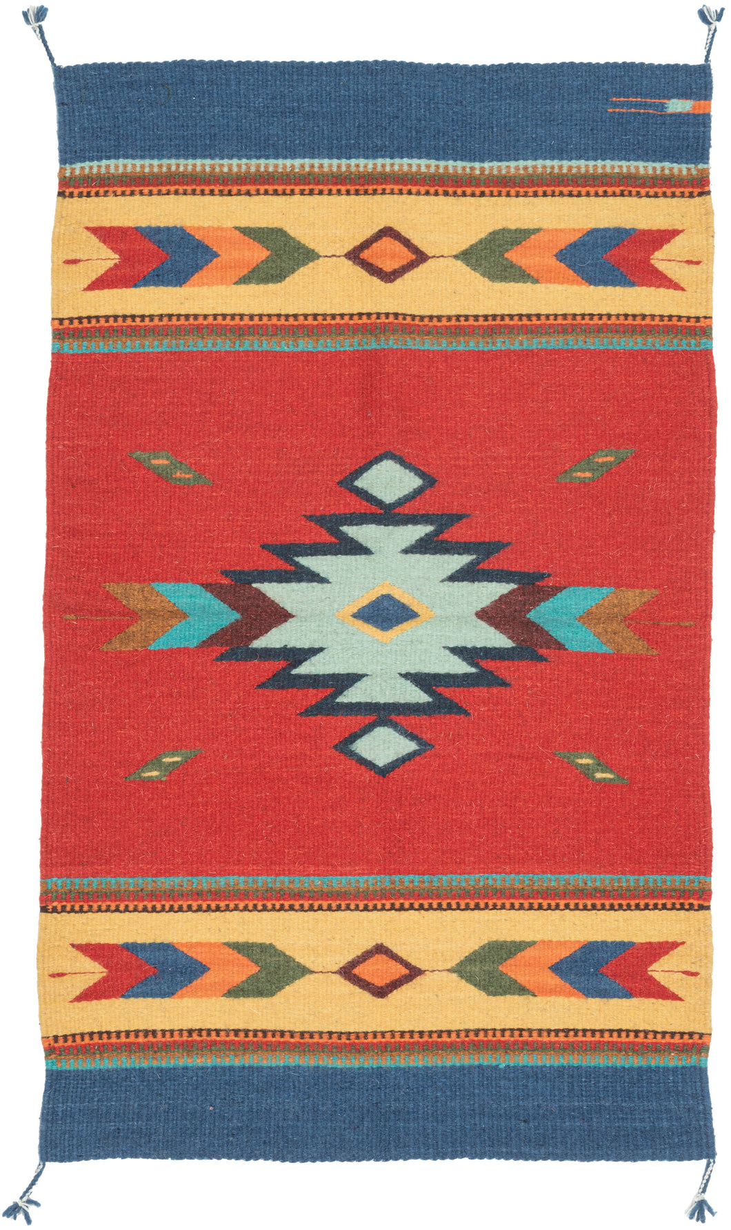 A bright contemporary Oaxacan flatwoven rug by Zapotec weavers from Teotitlán del Valle, Oaxaca. The design features a bold red field with a central stepped diamond medallion, flanked by arrow and diamond borders in blue, yellow, green, turquoise, orange, and red.