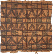 Siapo, the Samoan tradition of bark cloth, is closely tied to ceremony, exchange, and domestic life throughout Polynesia. These cloths were often made in large formats and decorated with repeating geometric designs drawn from natural, architectural, and ancestral forms. The patterning here has a strong architectural rhythm, with bands, rectangles, triangular forms, and dark filled passages arranged across the surface.