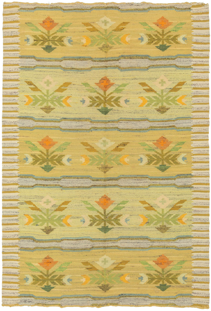 This Rölakan was handwoven in Sweden during the middle of the 20th Century.

A beautifully balanced Scandinavian flatweave featuring soft, luminous tones of straw yellow, pale green, sky blue, and warm ochre. The design is arranged in horizontal bands of stylized floral motifs, framed by subtle striped edges in an unmistakable nod to mid-century Swedish weaving traditions. The palette is intentionally gentle and airy, giving the piece a fresh, understated presence that works effortlessly in contemporary int