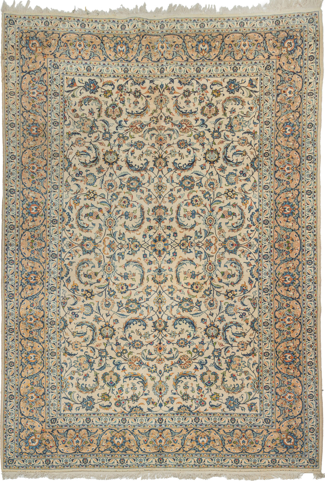 This&nbsp;vintage Kashan rug showcases the timeless refinement of one of the most celebrated weaving traditions. Woven on a luminous ivory field with an allover lattice of scrolling arabesques, palmettes, and delicate floral sprays, creating a graceful sense of movement and balance. A soft palette of ivory, powder blue, celadon, camel, and warm apricot lends the piece an airy sophistication while emphasizing its crisp drawing and fine craftsmanship.