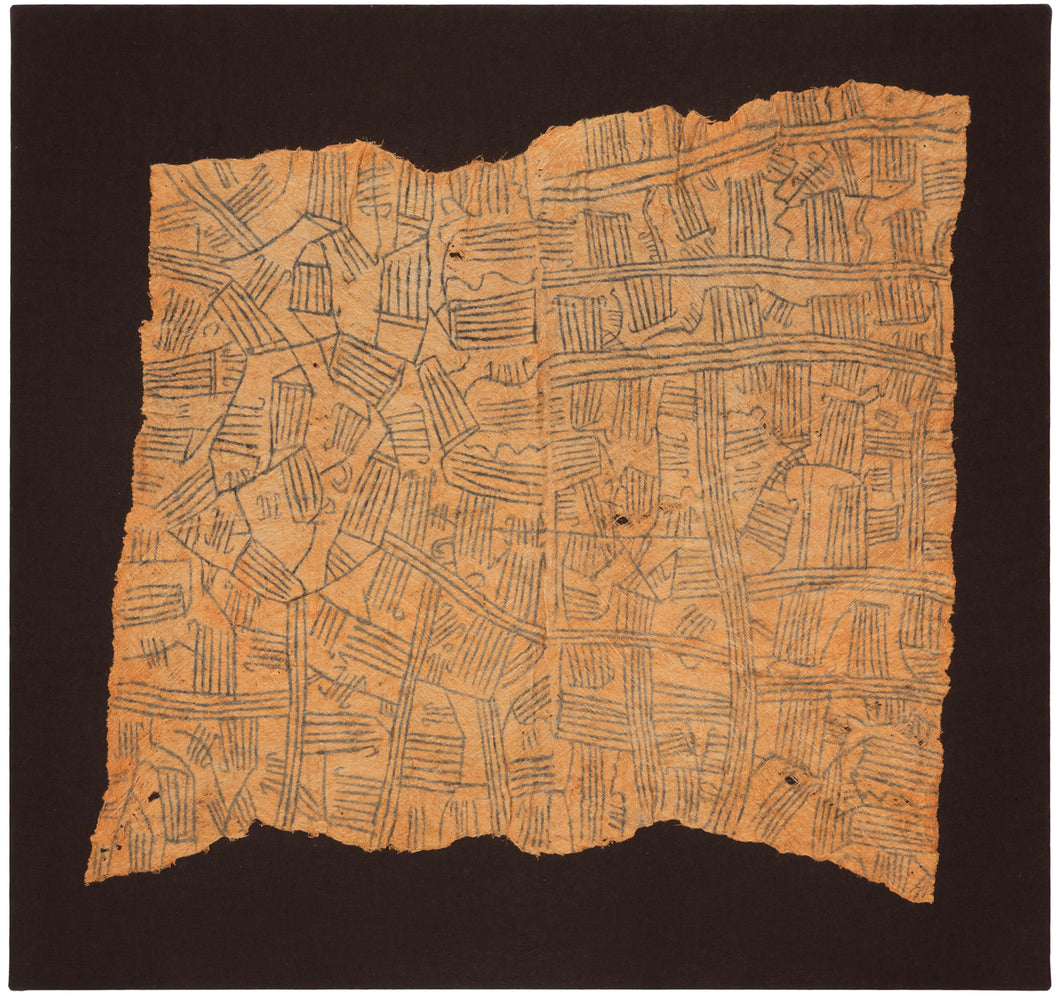A finely painted bark cloth by the Mbuti people of the Democratic Republic of Congo, dating to the mid 20th century. The cloth is decorated with a dense, rhythmic field of linear motifs, geometric divisions, and abstract forms painted in dark pigment across the warm natural bark fiber ground.

Mbuti bark cloths are closely associated with the Ituri Forest, where the visual language of these works is often understood in relation to the surrounding environment. Rather than being read as fixed symbols in a lit