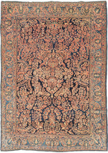 This rug features a curvilinear floral design on a deep navy field. The floral work is intricate and an excellent example of the type of floral sprays Sarouk rugs are known for. The main border features scrolling&nbsp;palmettes&nbsp;on a rust ground. In a desirable and less common ~6 x 9 size.