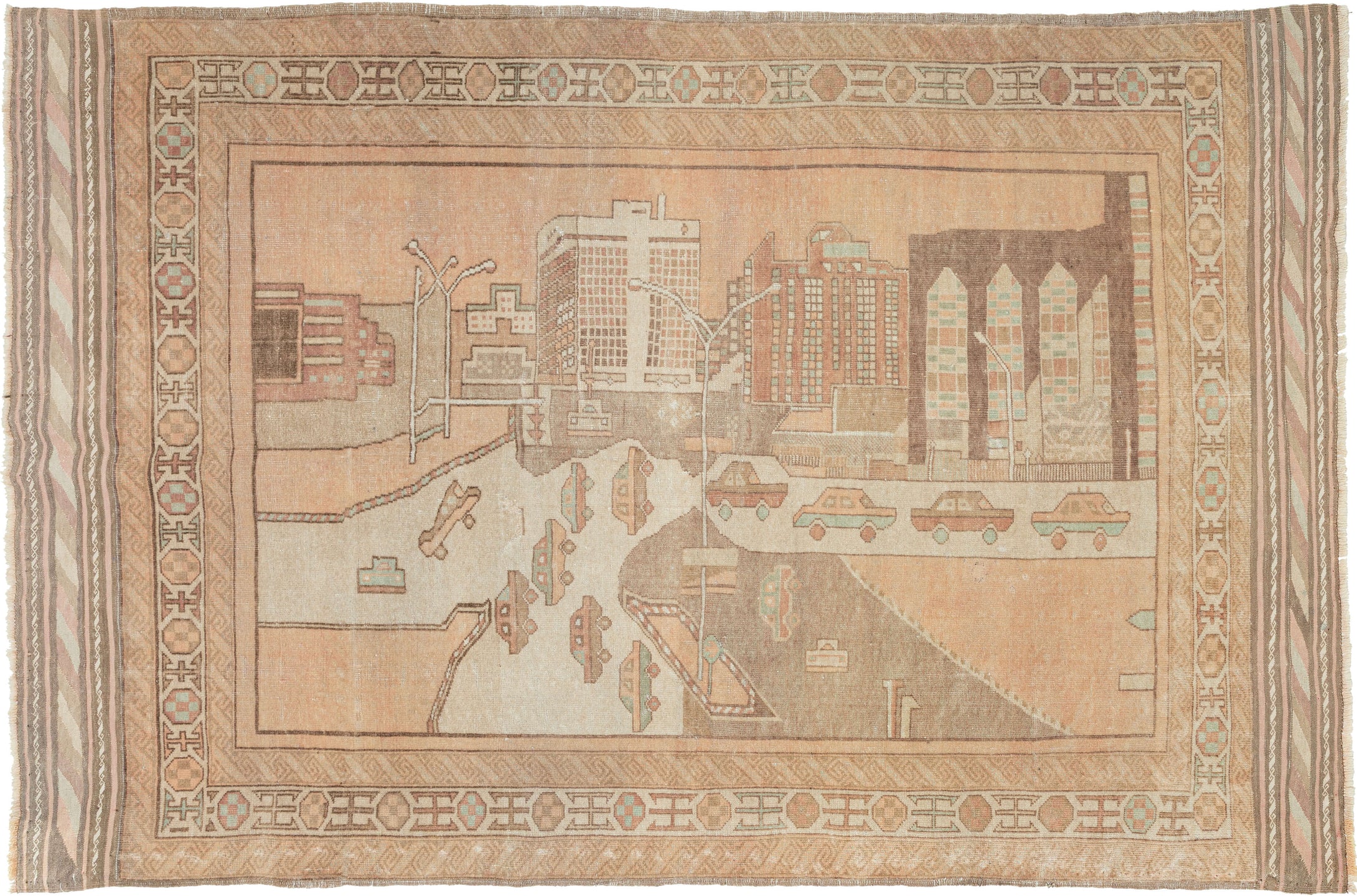 An unusual vintage Baluch pictorial rug depicting a modern urban streetscape, with cars, roadways, streetlights and a skyline of multistory buildings rendered in a wonderfully naive, almost diagrammatic style. The imagery reflects the inventive pictorial tradition that developed among Afghan weavers in the later 20th century, translating scenes of contemporary life into the vocabulary of the knotted rug.