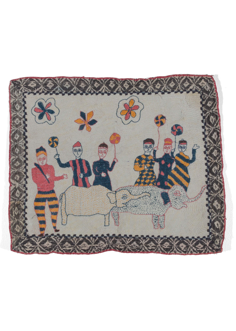 Antique Bengali hand embroidered Nakshi Kantha textile featuring men with sport and elephant atop a hand quilted off-white cotton field with a black diamond border