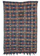 Antique Caucasian soumak Verneh kilim featuring a blue and brown plaid weave with ivory soumak embroidery in a grid formation. Small symbols and shapes in the center of the squares add visual interest. This kilim was probably made for use as a cover or a sofreh. 