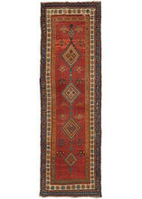 This 19th century Antique Shahsavan Runner features a column of interconnected diamonds of various sizes on the central axis flanked by flowering shrubs on a lively red ground. Encapsulated by three borders including a fiery orange and brown inner border, a deep blue outer border, and a bright ivory central border which lends the perfect frame. Dramatic abrash along with an eclectic color palette and free-spirited drawing give this rug palpable movement.