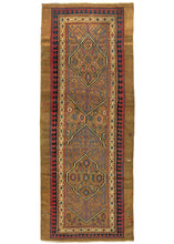 This Antique Serab Runner features two striking medallions floating above lively latticework in ruby and sapphire which all pop against the rich camel ground. The latticework is contained within a cartouche on one side but the cartouche is incomplete on the other.  Nicely finished with an inner border of polychrome rosettes on a cheerful ivory ground and an outer laleh abbasi border rendered in perfectly contrasting tones of navy and red.