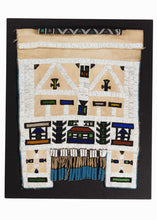Beaded  Ndebele Wedding Apron featuring corn stalks and a little home, mounted on black linen