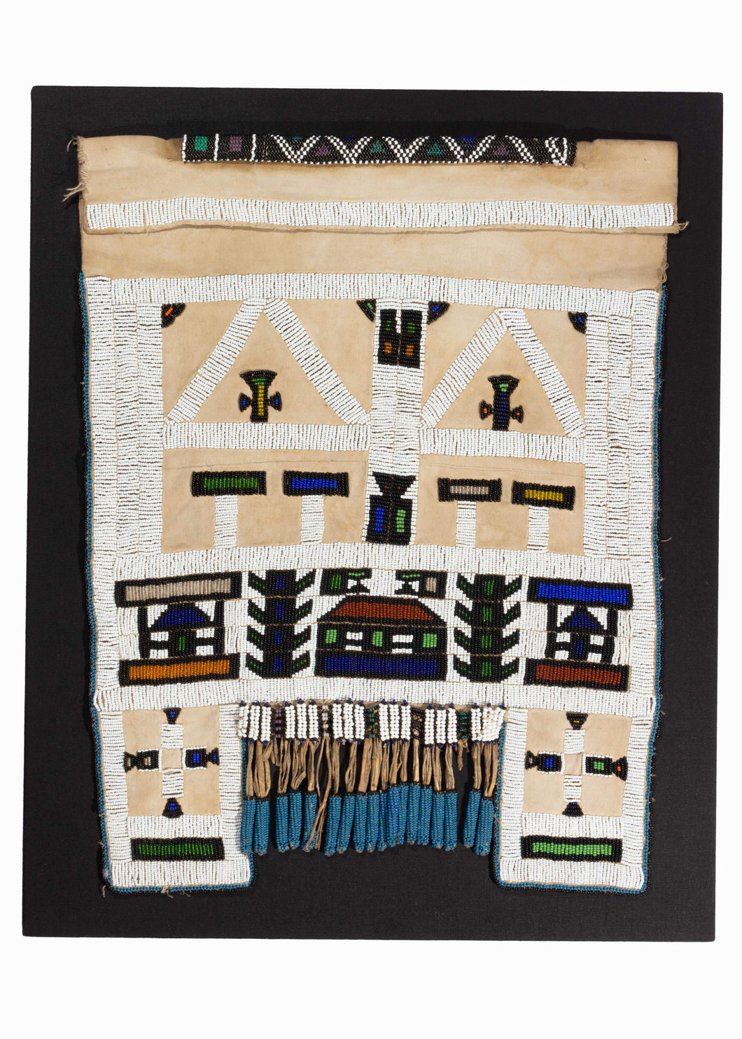Beaded  Ndebele Wedding Apron featuring corn stalks and a little home, mounted on black linen