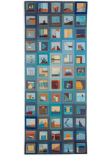 Erin Wilson Quilt entitled Color Story: Blue with Torquoise featuring beautiful palette of orange, red, yellow, and turquoise atop a wide range of blues in the background. This elongated quilt is separated into squares, five wide and twelve long. Each square represents a different scene, patchwork pieced together intricately with cotton that has been hand dyed. In each square you can find a different interpretation of the artist's surroundings, beautifully sewn. 