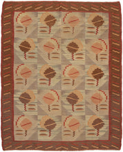 This Mid Century Scandinavian Kilim features a grid of various shapes that alternate in orientation in every other row.  The composition of soft tones and jagged edges is encapsulated by the main border featuring a repeat of slightly angled red and yellow stripes on a brown ground and two thinner minor sawtooth borders.