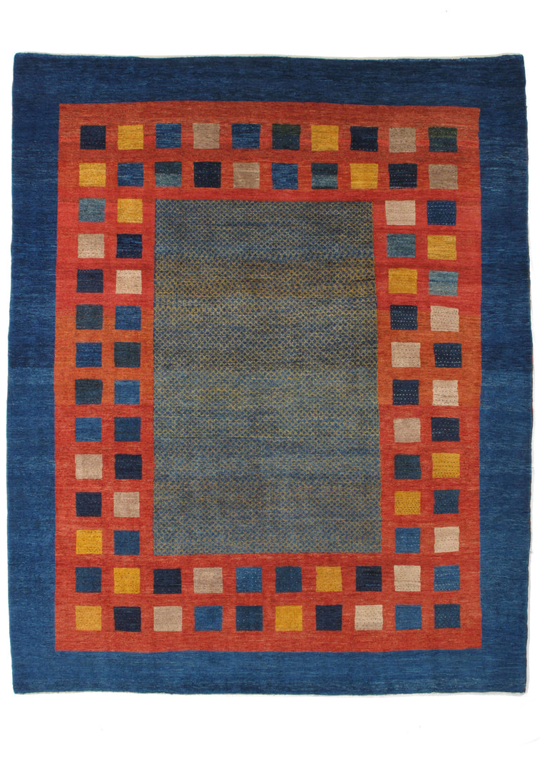 Contemporary Modern Colorful Handwoven South Persian Gabbeh Area Rug with blue border and red border with colorful boxes