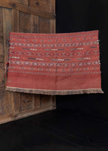 Vintage handwoven Turkmen sumak kilim from C Asia.  This rug features a striped banded design of geometric shapes on a wine red field.   In very good condition, signs of wear consistent with age. Flatwoven, with sumac embellishments. 